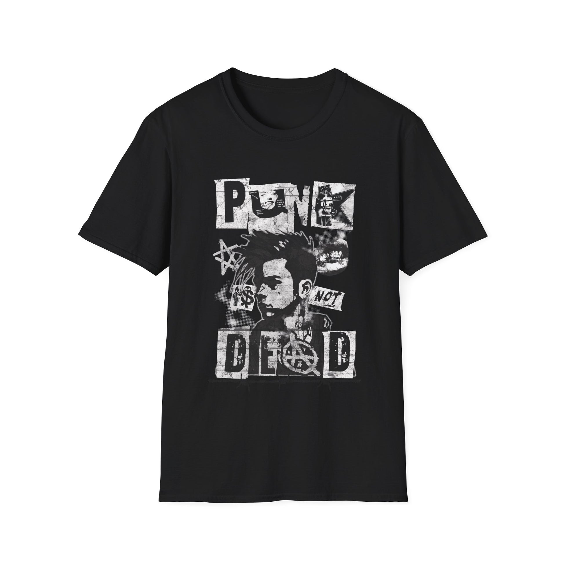A black streetwear t-shirt featuring a bold black ink collage graphic. The design includes a cropped portrait of a person with a mohawk, an anarchy symbol, jagged stars, and barbed wire accents. The phrase 'PUNK IS NOT DEAD' is spelled out in large, spiky, distressed block lettering across the design."