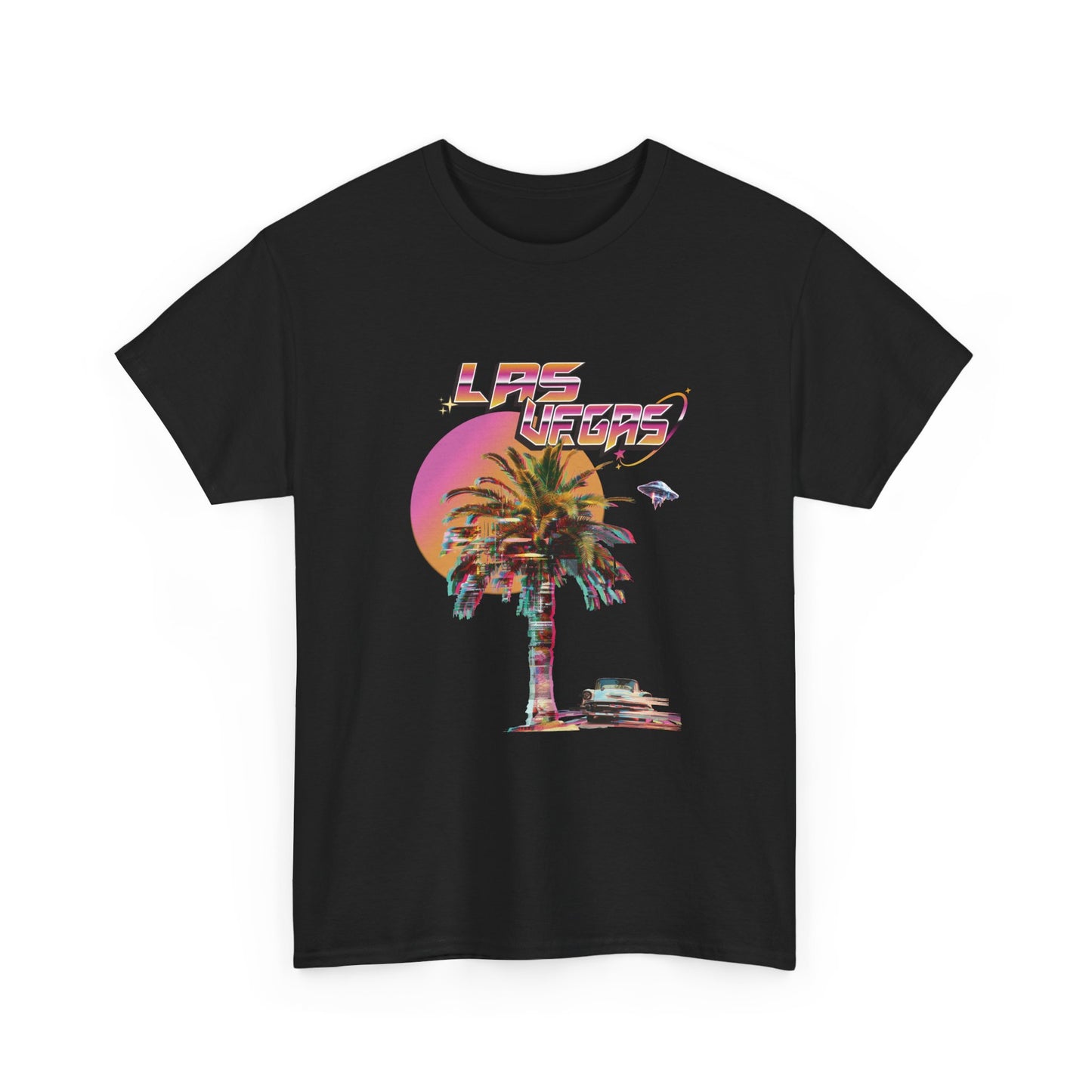 A black t-shirt with a Las Vegas  retro glitch graphic featuring a palm tree, a sunset, and UFOs over a desert landscape.