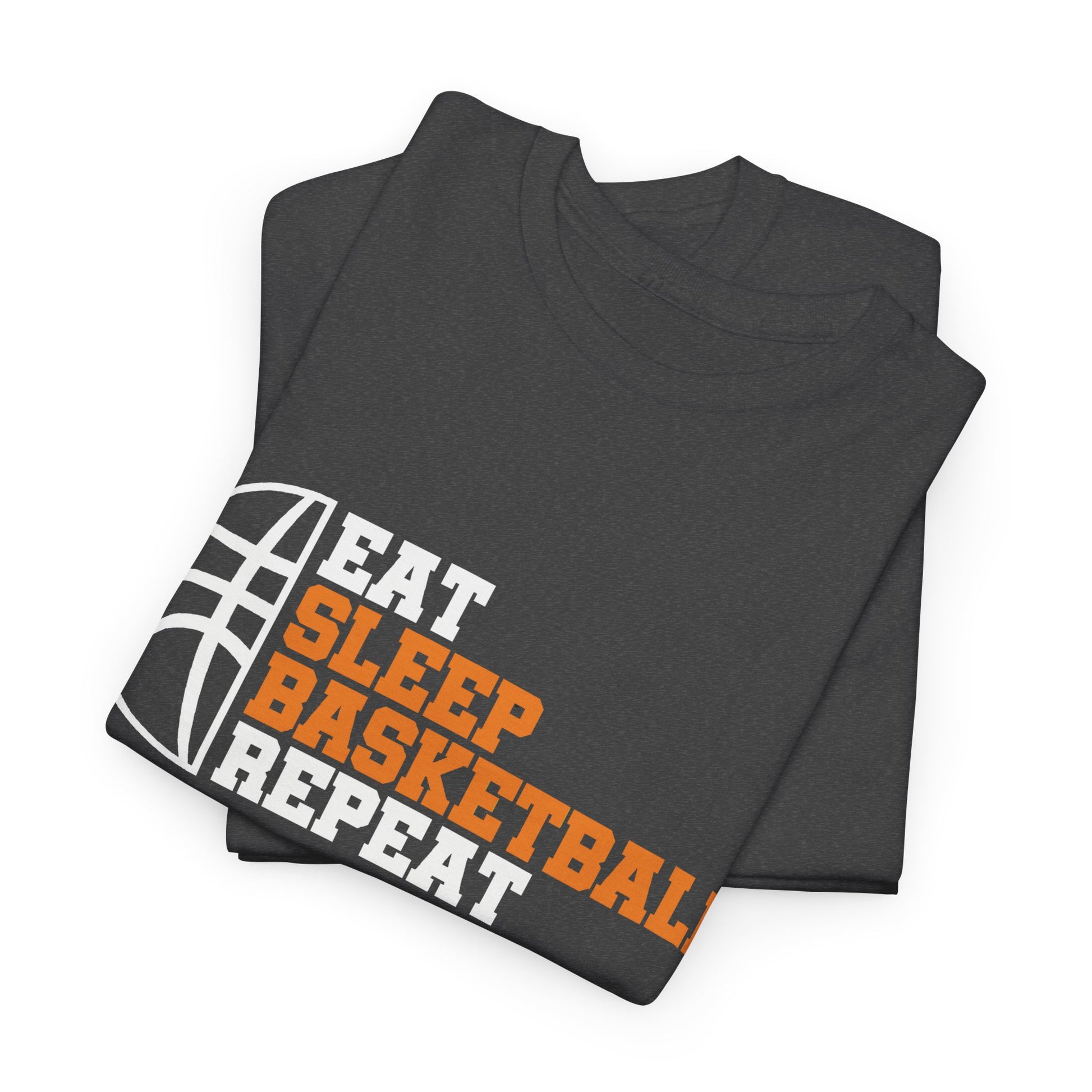 Folded t-shirt with 'Eat Sleep Basketball Repeat' text on a white background
