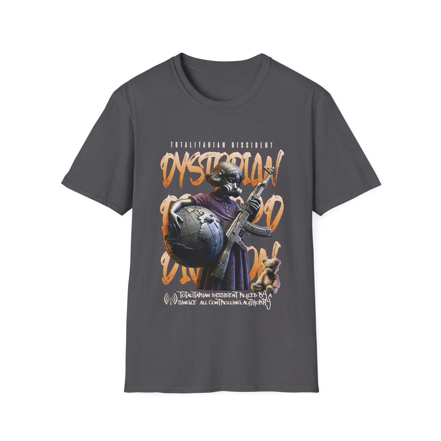A charcoal grey dystopian streetwear tee showing a tactical gas-masked figure against a fractured world map with "Dystopian" and "Totalitarian Dissident" typography in a gritty, industrial aesthetic.