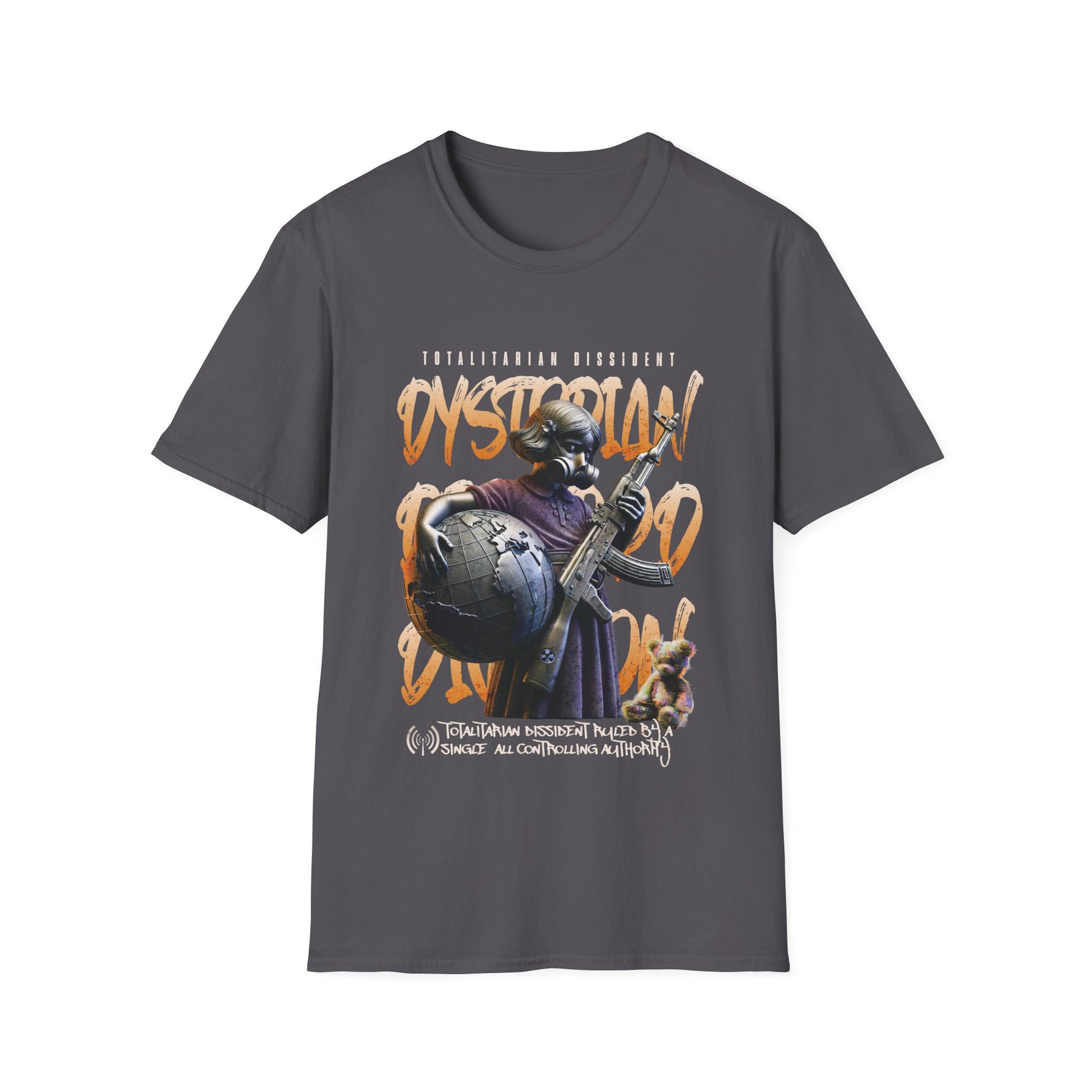 A charcoal grey dystopian streetwear tee showing a tactical gas-masked figure against a fractured world map with "Dystopian" and "Totalitarian Dissident" typography in a gritty, industrial aesthetic.
