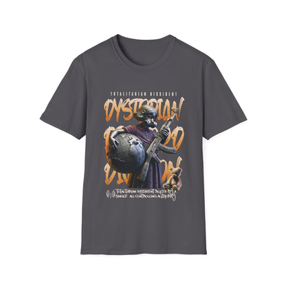A charcoal grey dystopian streetwear tee showing a tactical gas-masked figure against a fractured world map with "Dystopian" and "Totalitarian Dissident" typography in a gritty, industrial aesthetic.