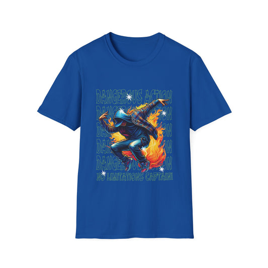 Men's royal blue graphic t-shirt with a printed design featuring a stylized character and text related to hip hop music.