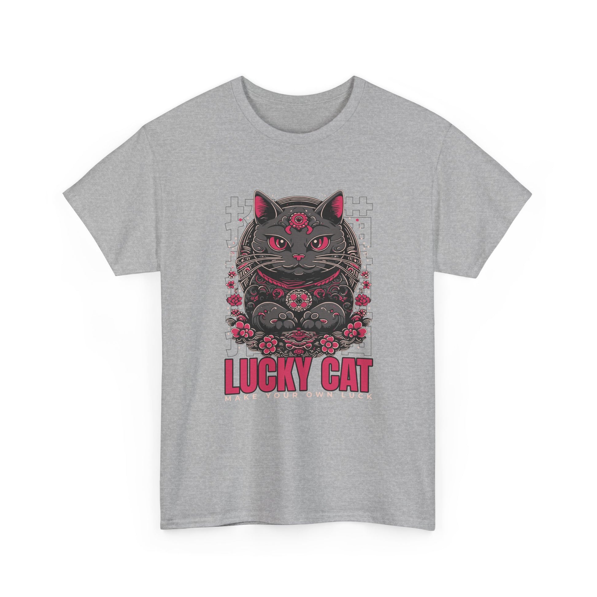 A sport grey t-shirt with a Japanese Meneki-neko cat graphic and the text 'Lucky Cat' on a white background.