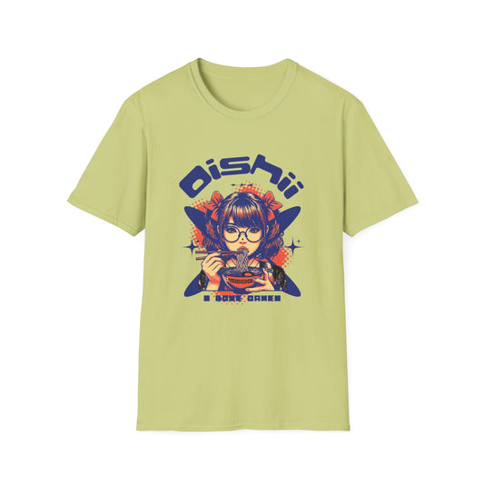 Light green t-shirt with a graphic design of a person eating ramen and the text 'Oishii' on a white background.