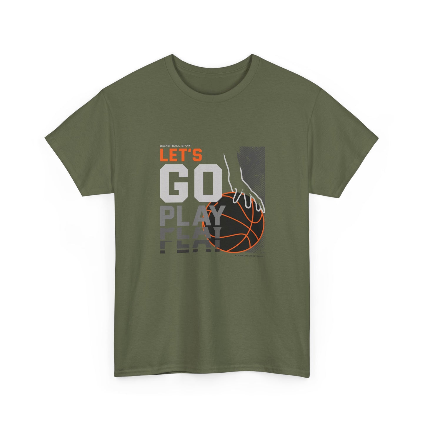 A military green streetwear graphic tee with a modern sports design. The graphic shows a stylized basketball player's hand reaching for an orange basketball next to the words 'LET'S GO PLAY' in white and grey block lettering.