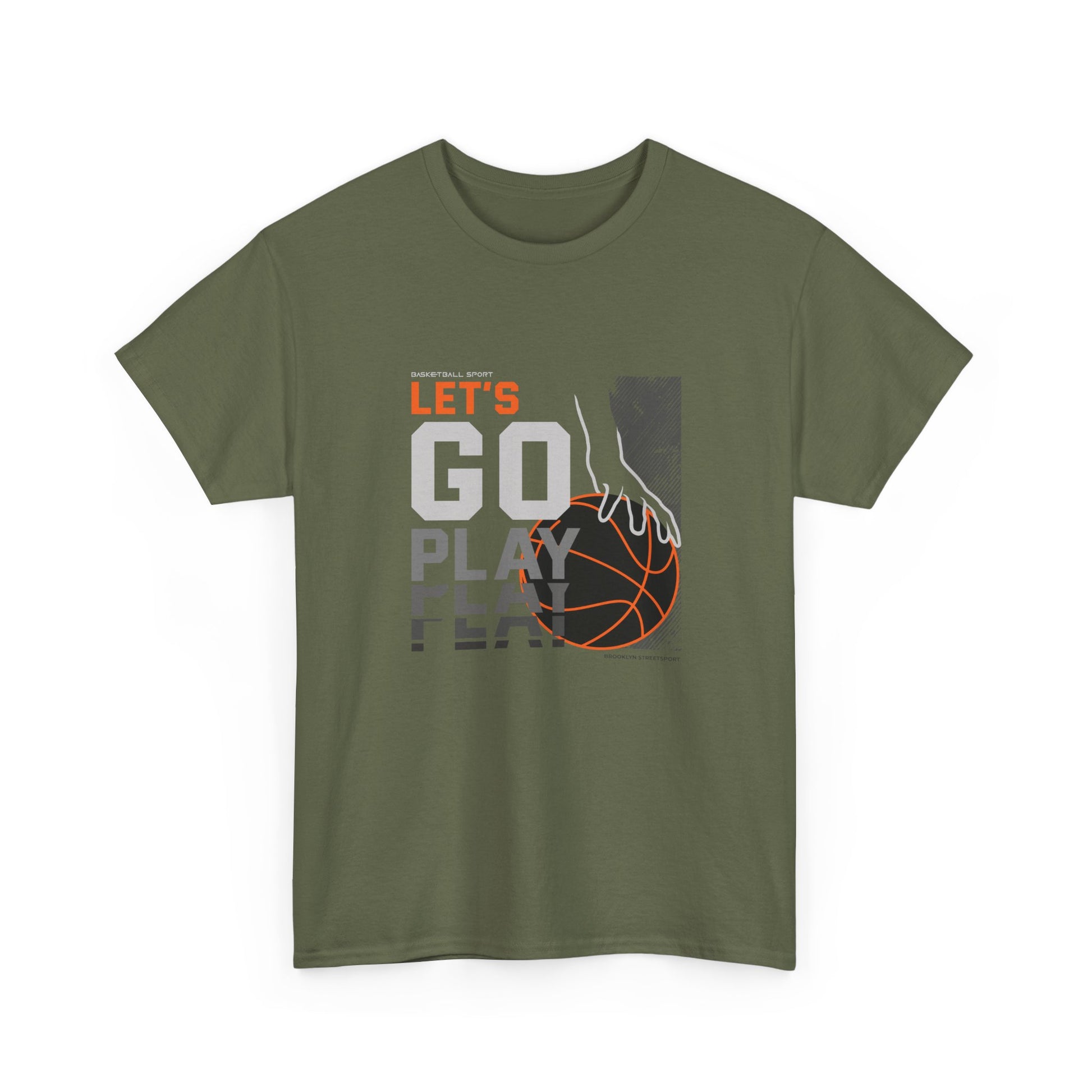 A military green streetwear graphic tee with a modern sports design. The graphic shows a stylized basketball player's hand reaching for an orange basketball next to the words 'LET'S GO PLAY' in white and grey block lettering.