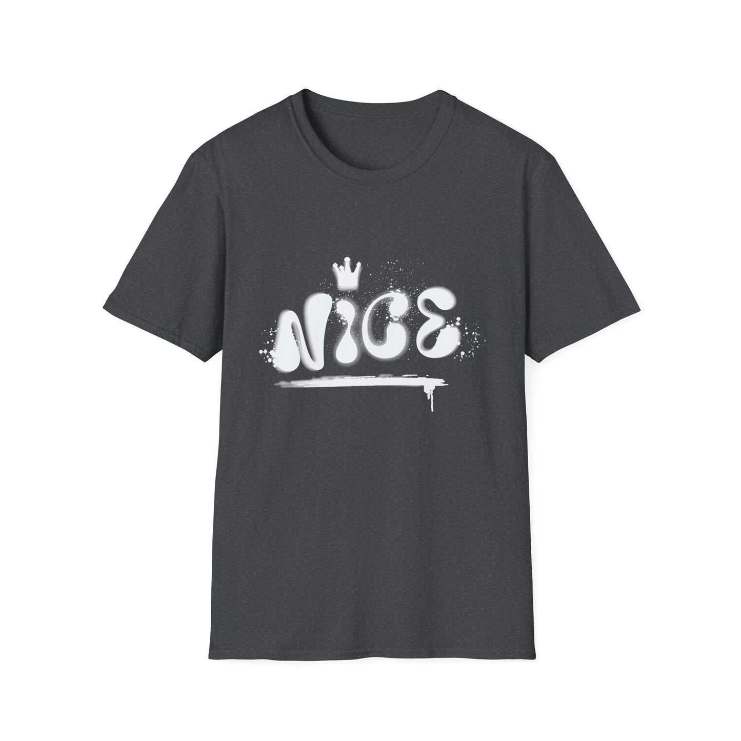 Heather gray hip hop t-shirt with 'NICE' spray painted on the front.