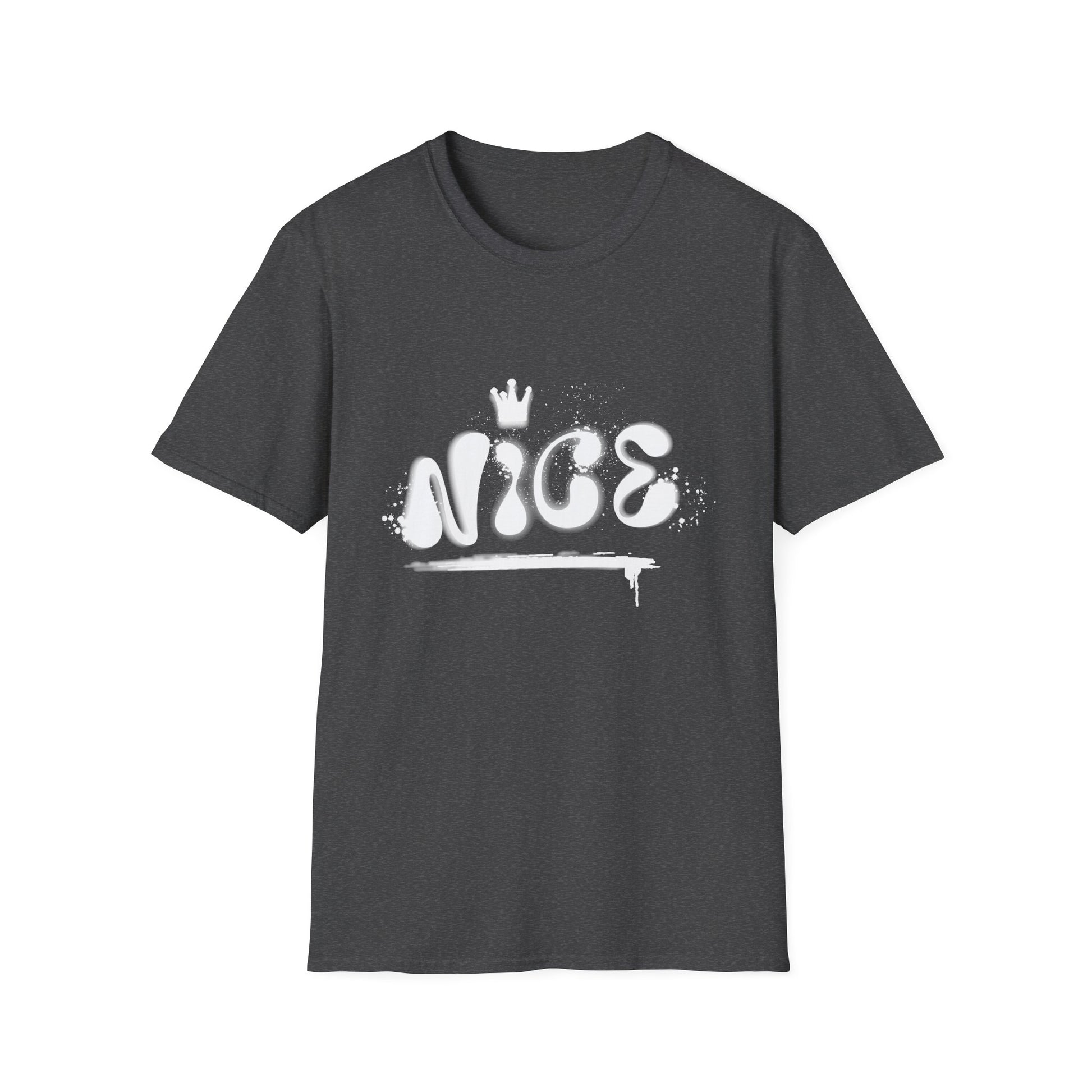 Heather gray hip hop t-shirt with 'NICE' spray painted on the front.