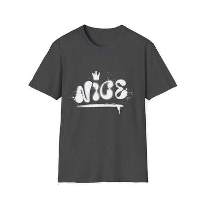 Heather gray hip hop t-shirt with 'NICE' spray painted on the front.