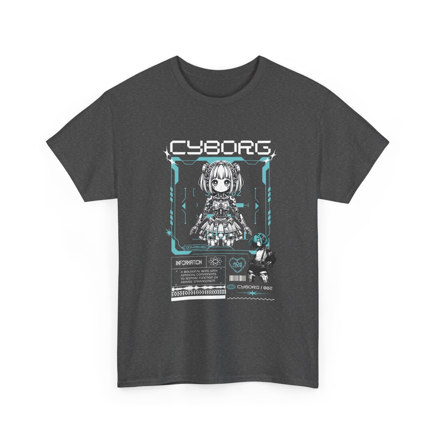 Dark gray t-shirt with 'Cyborg' graphic design on a white background