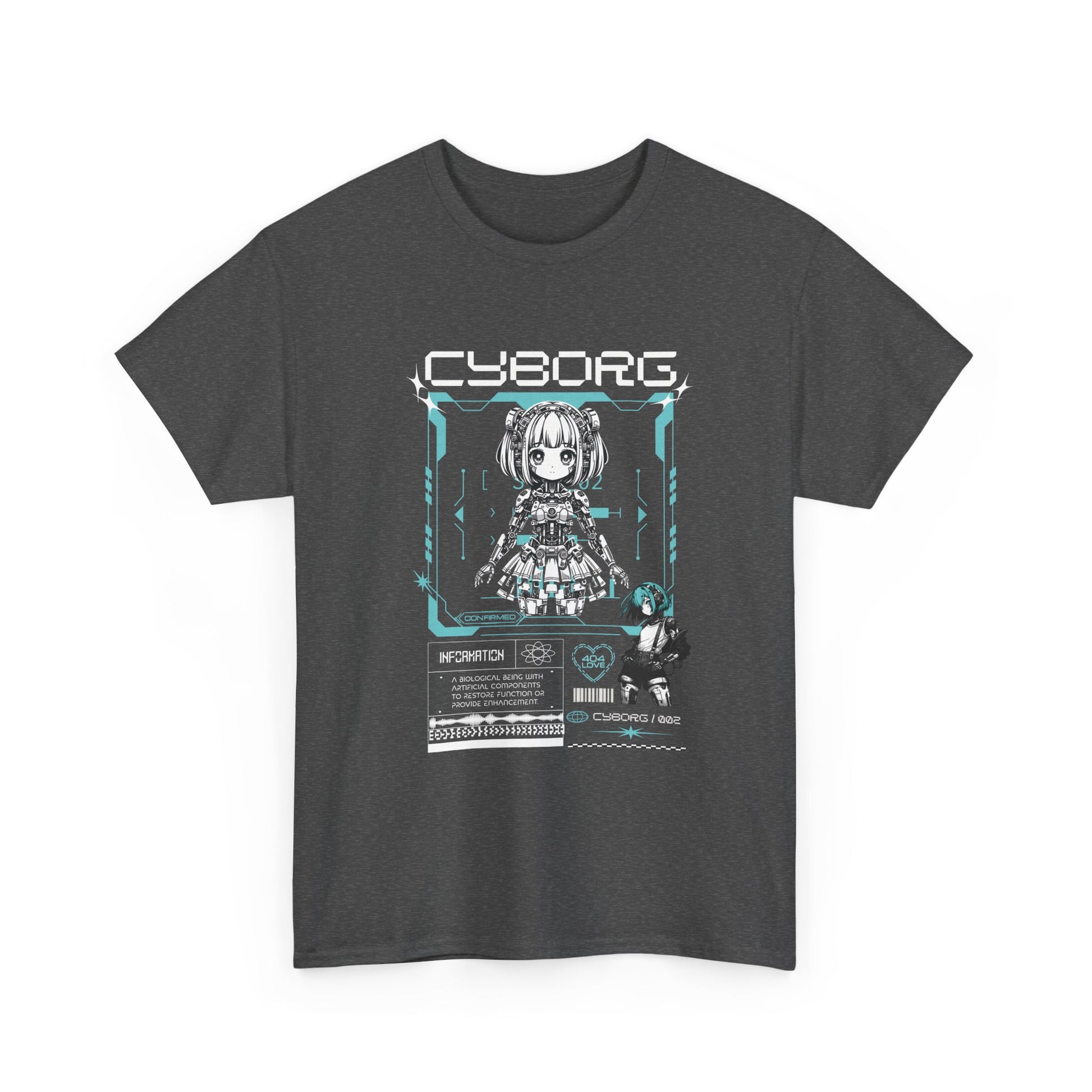 Dark gray t-shirt with 'Cyborg' graphic design on a white background