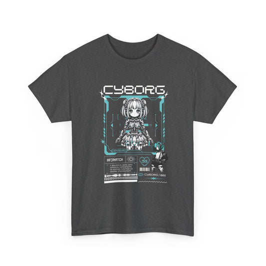 Dark gray t-shirt with 'Cyborg' graphic design on a white background