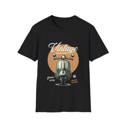 Black t-shirt with vintage scooter graphic and text on a white background