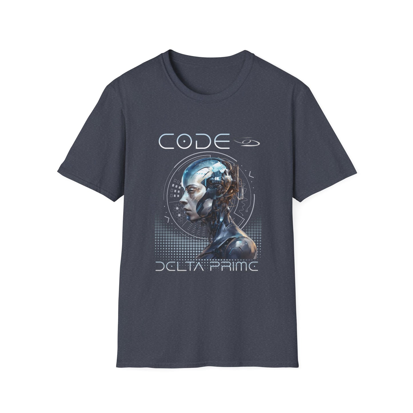 A heather navy t-shirt with 'CODE' and 'DELTA PRIME' text with a cyborg woman graphic design. 