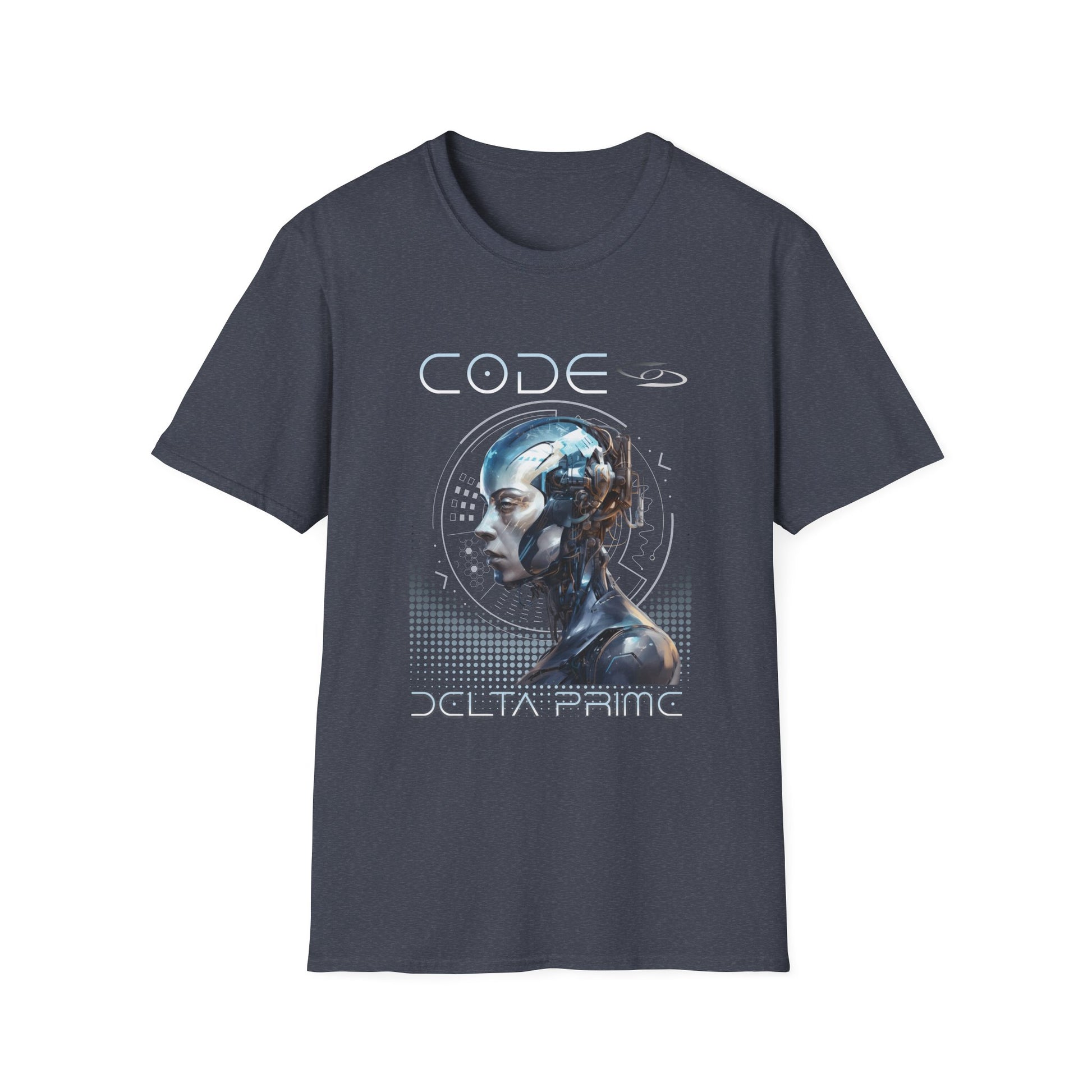 A heather navy t-shirt with 'CODE' and 'DELTA PRIME' text with a cyborg woman graphic design. 