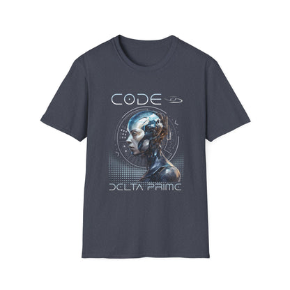A heather navy t-shirt with 'CODE' and 'DELTA PRIME' text with a cyborg woman graphic design. 