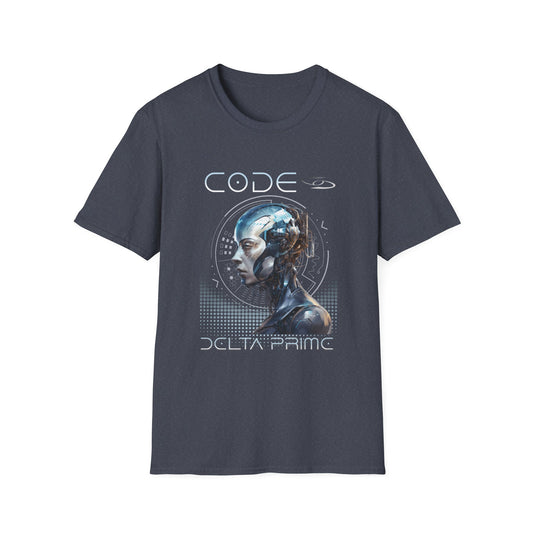 A heather navy t-shirt with 'CODE' and 'DELTA PRIME' text with a cyborg woman graphic design. 