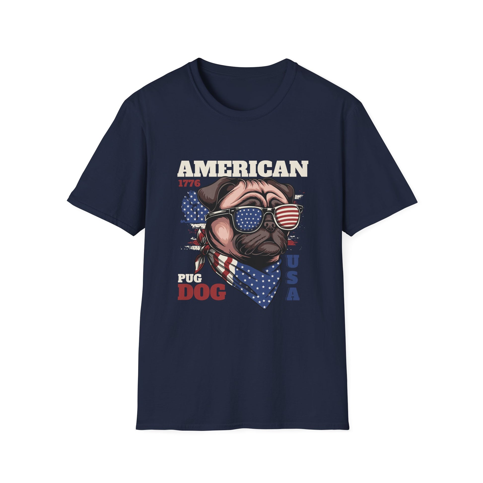 Navy blue t-shirt with a Pug Dog graphic wearing a red, white, and blue American flag kerchief and sunglasses and text that reads 'American'.