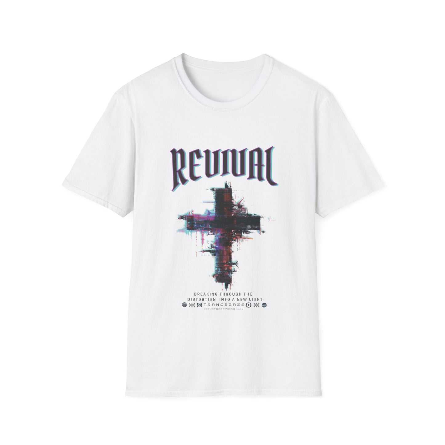A white Christian streetwear T-shirt for men featuring a distressed Revival cross graphic with urban glitch art.