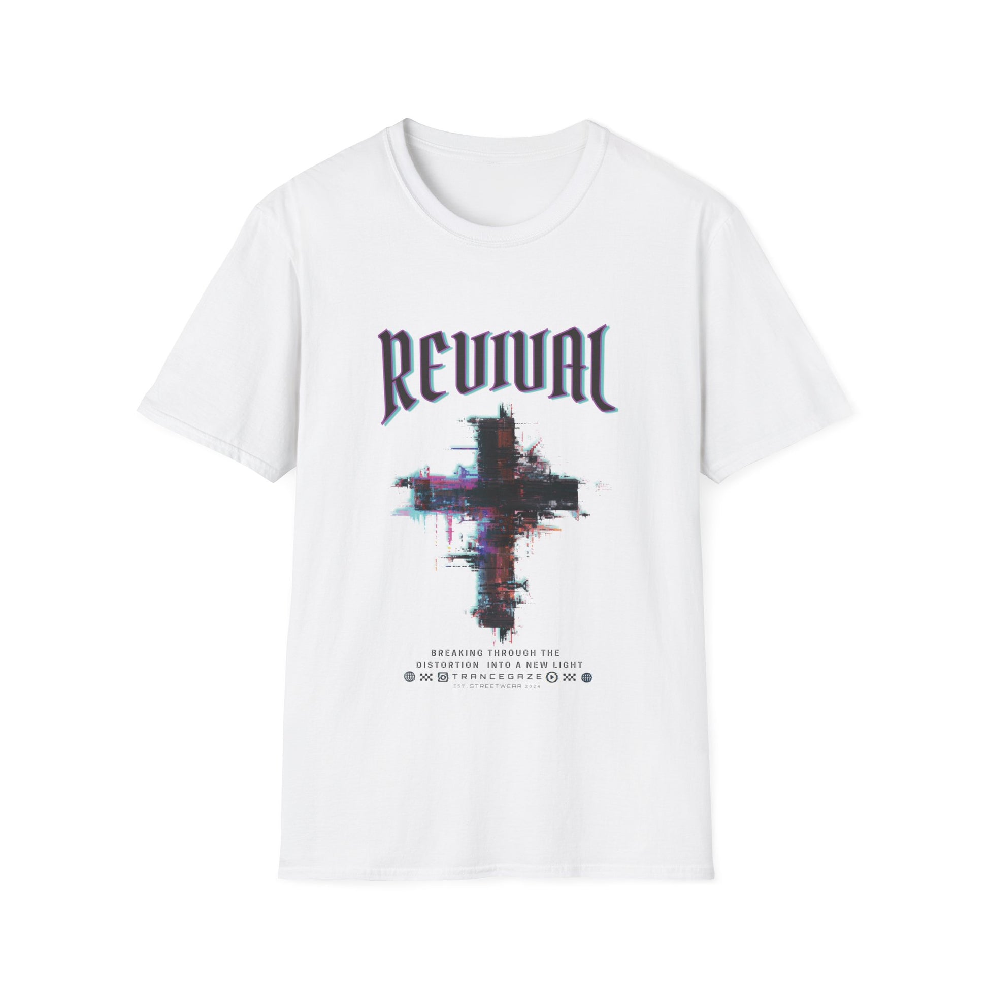 A white Christian streetwear T-shirt for men featuring a distressed Revival cross graphic with urban glitch art.