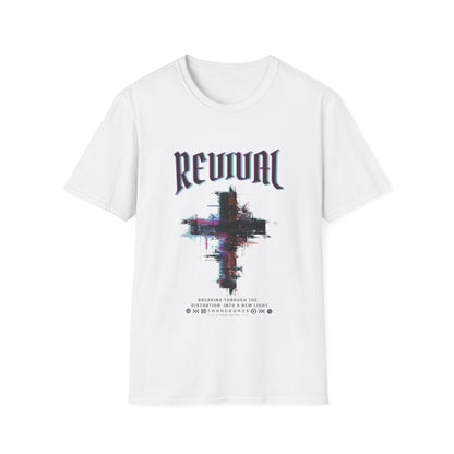 A white Christian streetwear T-shirt for men featuring a distressed Revival cross graphic with urban glitch art.