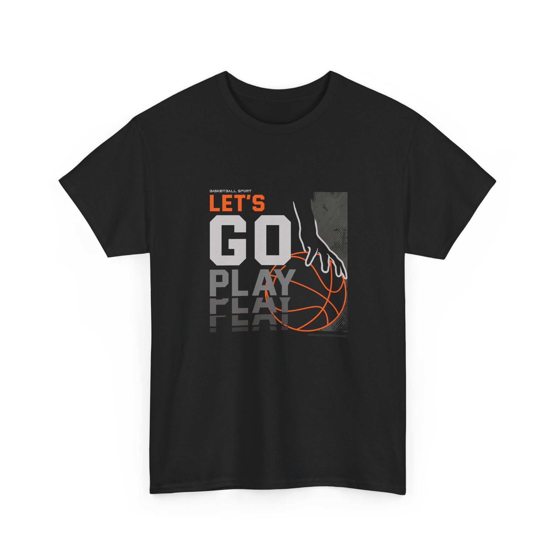 A black streetwear graphic tee with a modern sports design. The graphic shows a stylized basketball player's hand reaching for an orange basketball next to the words 'LET'S GO PLAY' in white and grey block lettering.