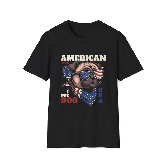 A black t-shirt with a Pug Dog graphic wearing a red, white, and blue American flag kerchief and sunglasses and text that reads 'American'.