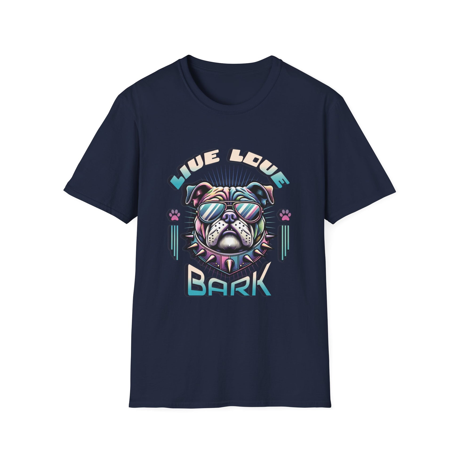  navy t-shirt with bulldog graphic "Live, Love, Bark" text.