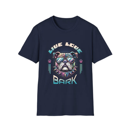  navy t-shirt with bulldog graphic "Live, Love, Bark" text.