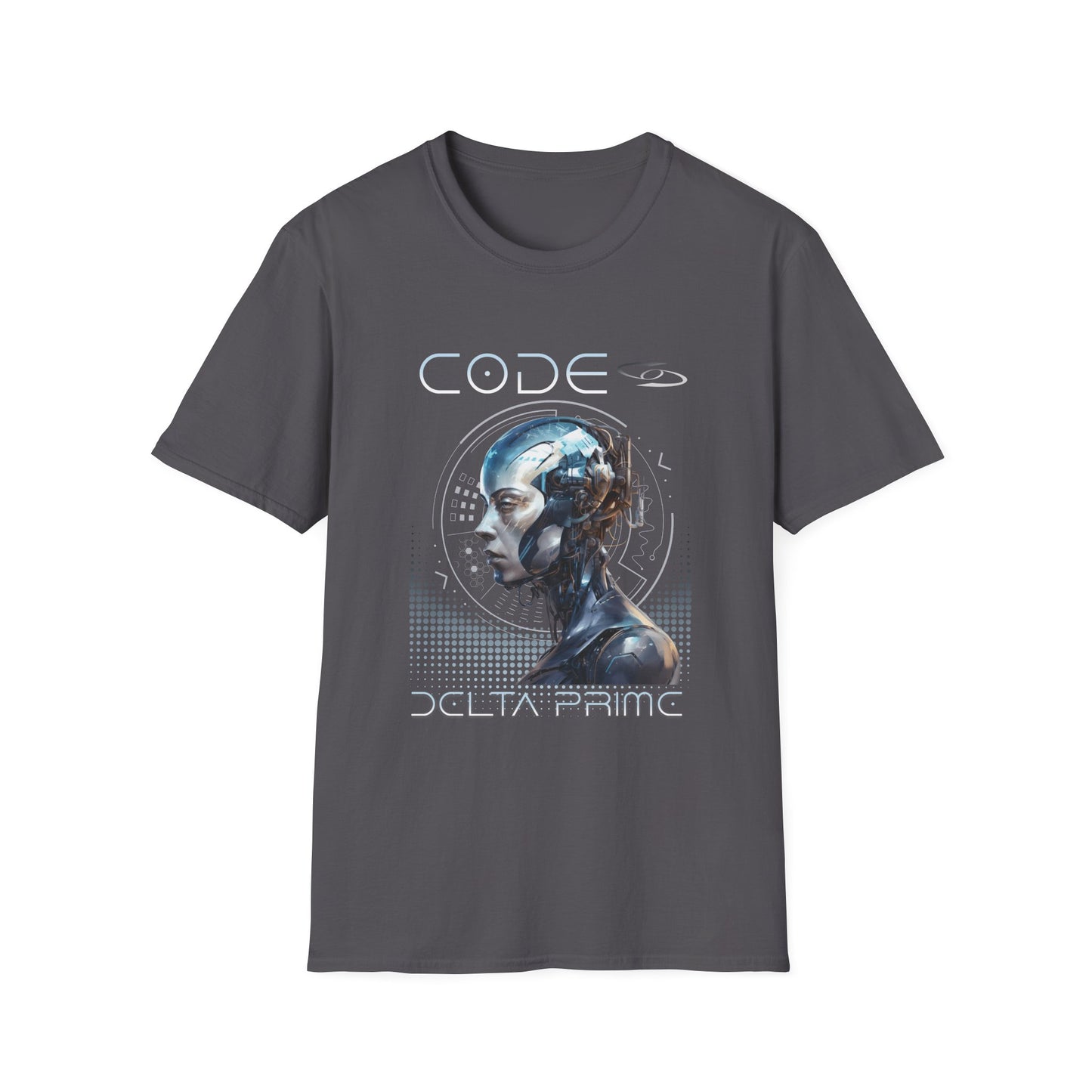 A gray t-shirt with 'CODE' and 'DELTA PRIME' text with a cyborg woman graphic design. 