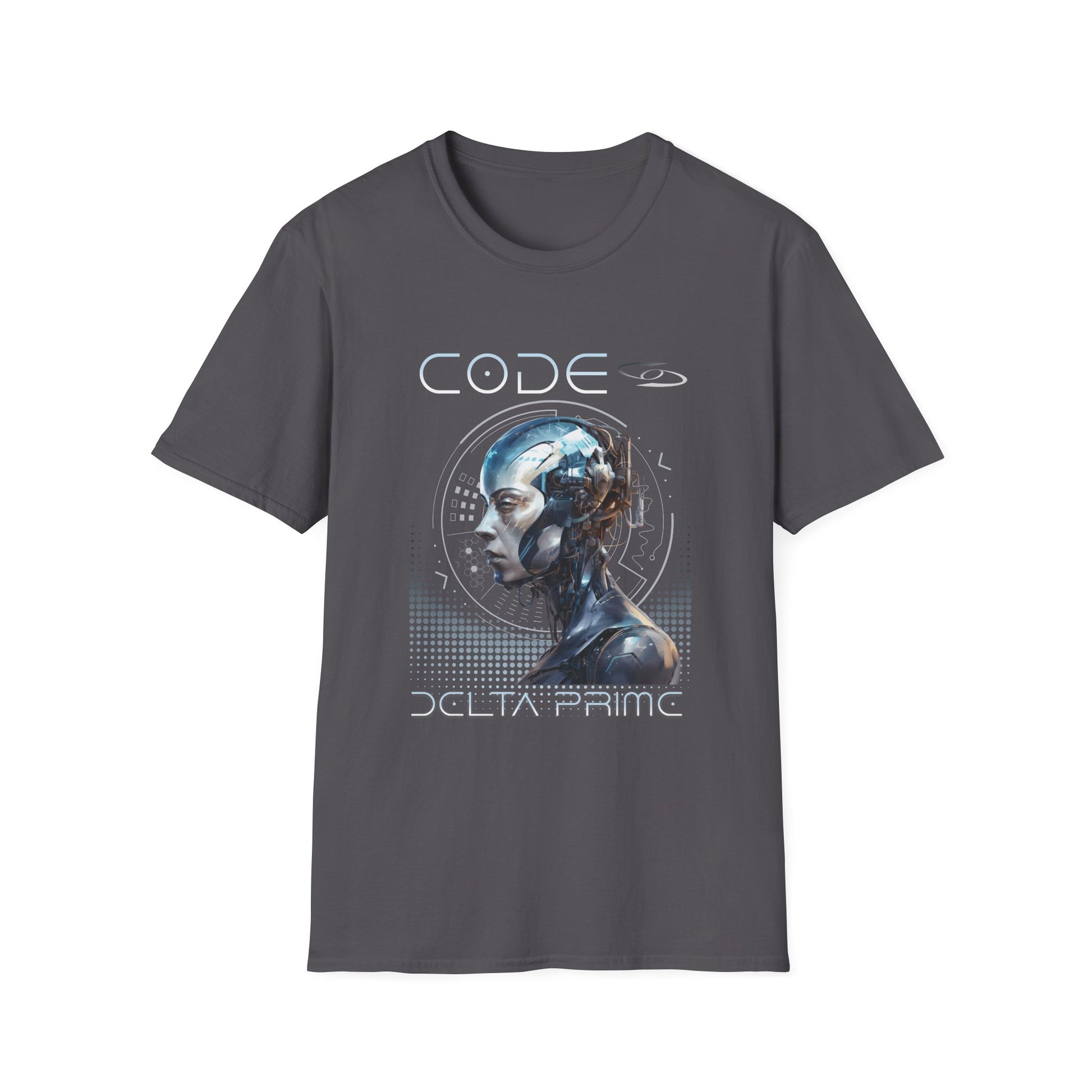A gray t-shirt with 'CODE' and 'DELTA PRIME' text with a cyborg woman graphic design. 