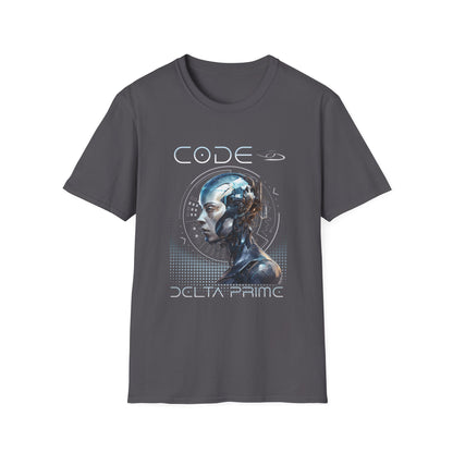 A gray t-shirt with 'CODE' and 'DELTA PRIME' text with a cyborg woman graphic design. 