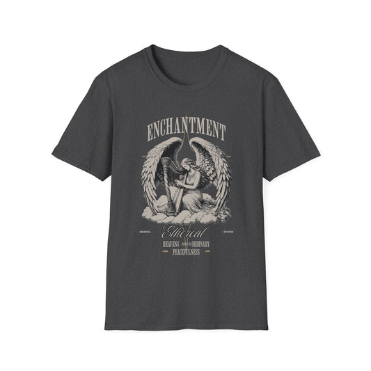 A dark grey unisex t-shirt with a graphic print of an angel on the front, with the words 'Enchantment' .