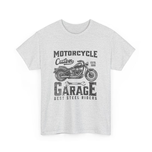 sport grey t-shirt with a motorcycle graphic that says 'Motorcycle Garage'