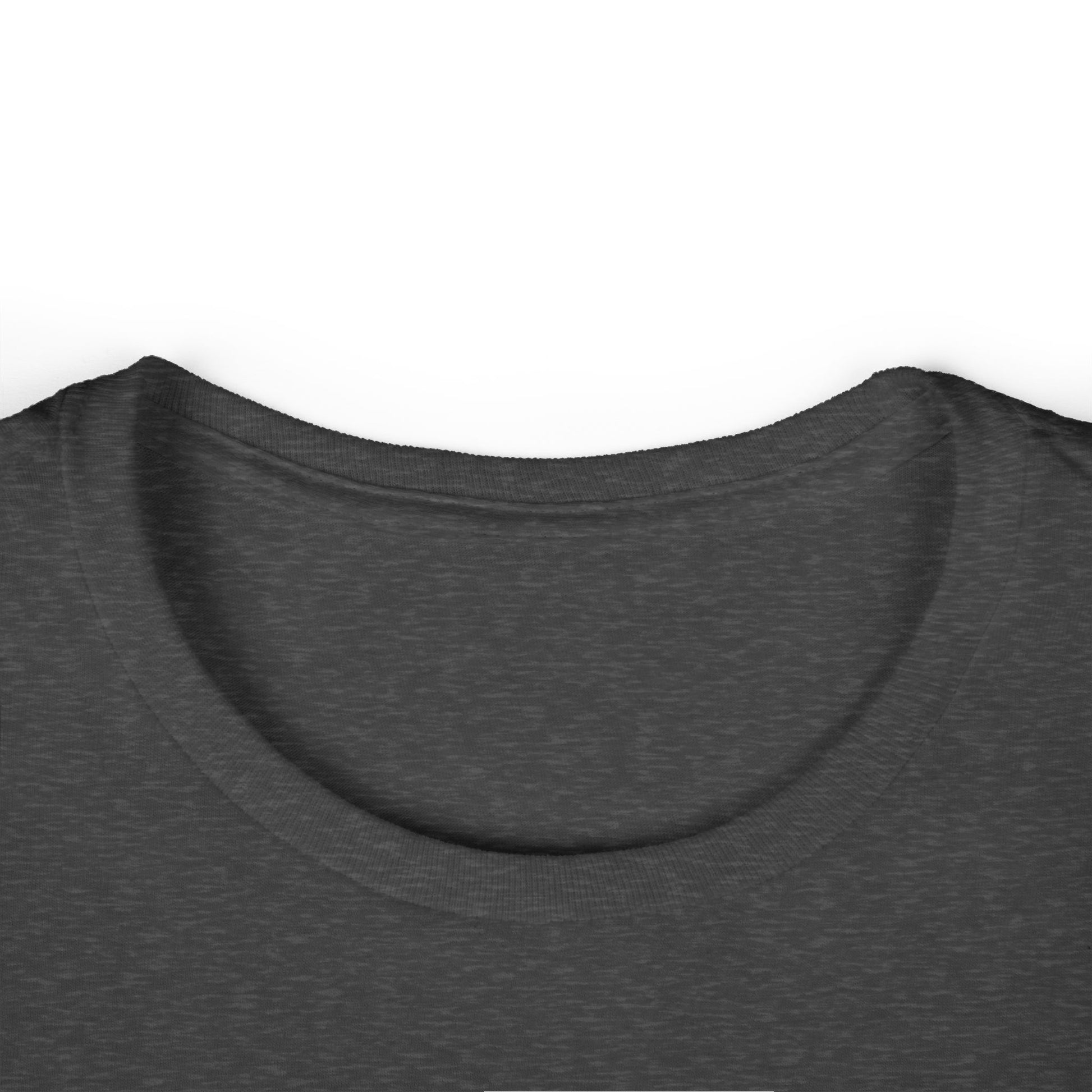 Close-up of a dark gray t-shirt with a plain background