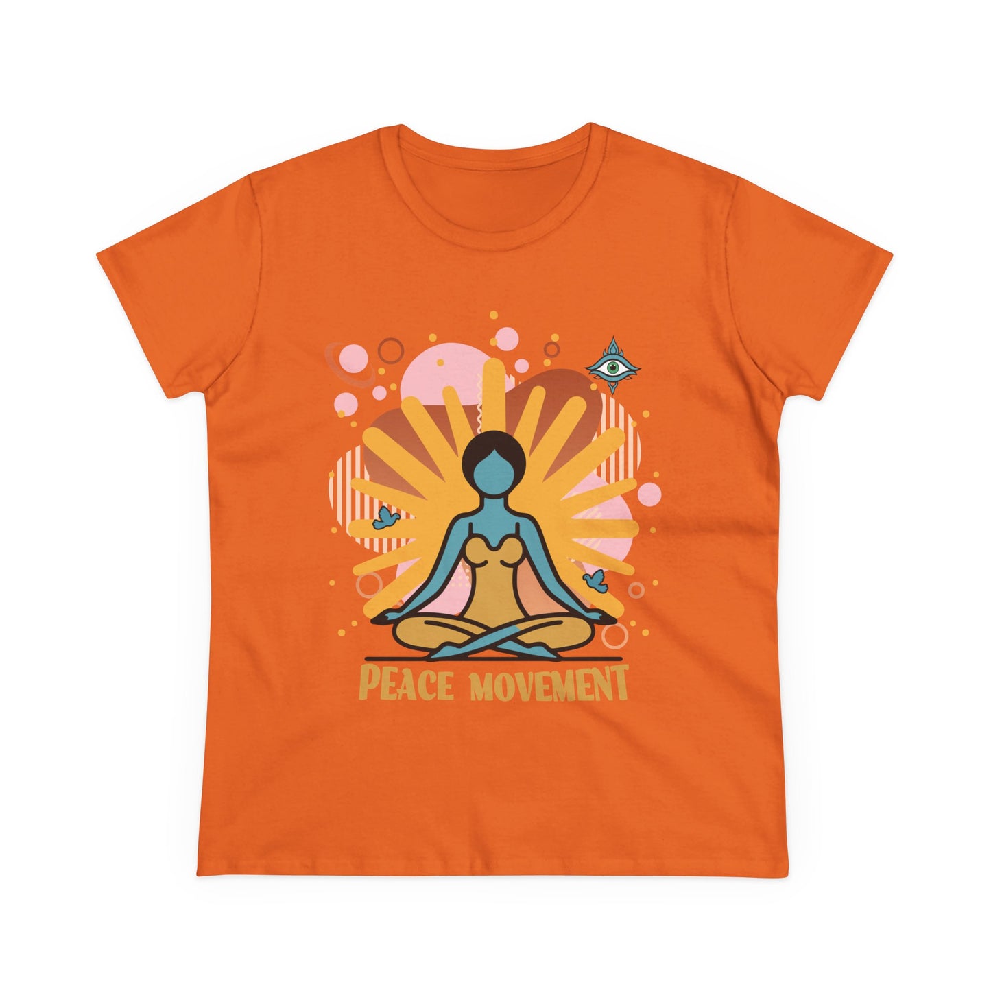 An orange Ladies t-shirt with a yoga graphic and text 'Peace Movement'.