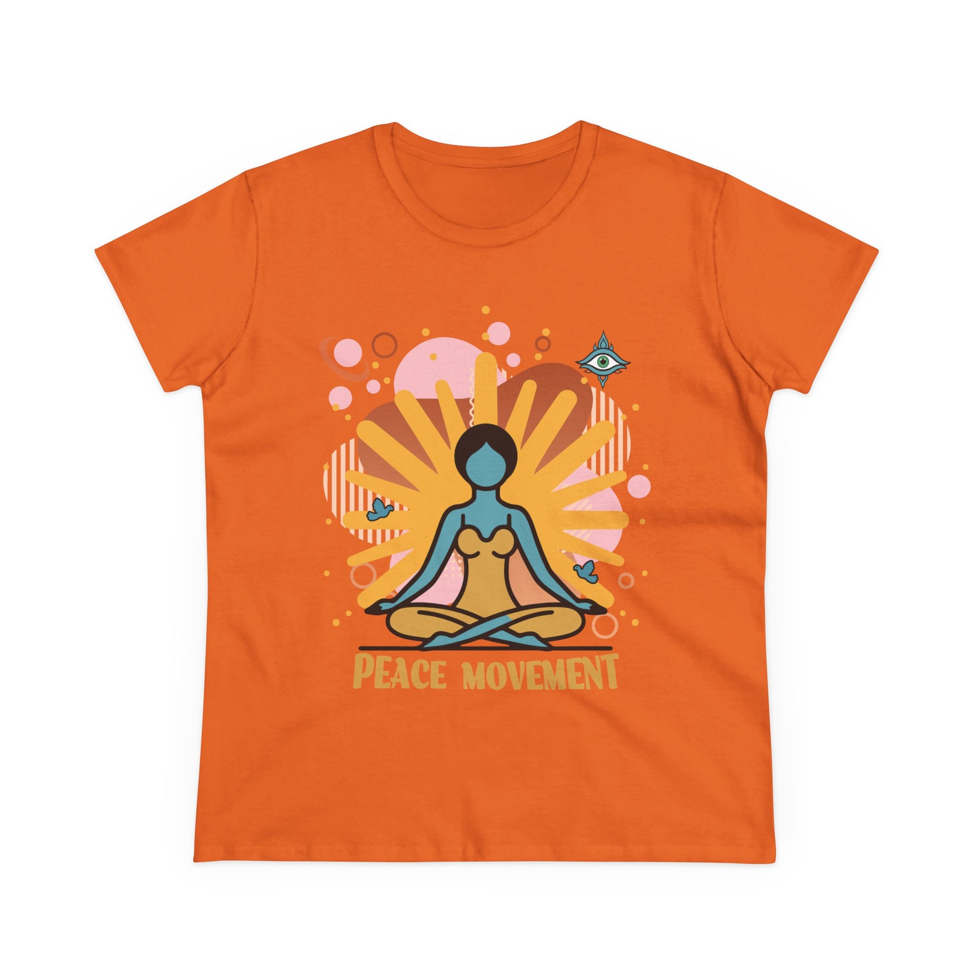An orange Ladies t-shirt with a yoga graphic and text 'Peace Movement'.