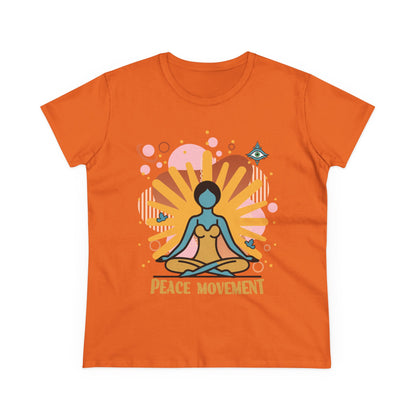 An orange Ladies t-shirt with a yoga graphic and text 'Peace Movement'.