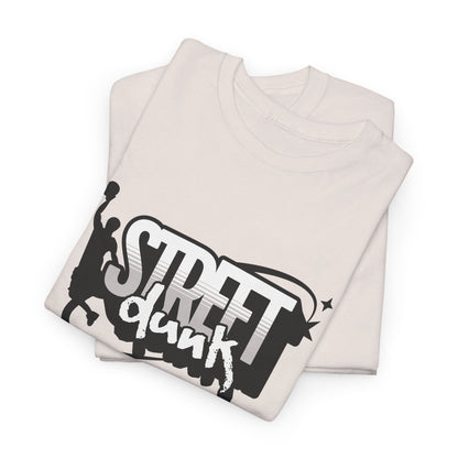 A folded ice grey t-shirt with 'Street Dunk' text.