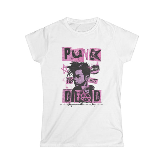 A white women's semi-fitted t-shirt featuring a pink and black punk-inspired collage graphic. The design includes a distressed portrait, the phrase 'PUNK IS NOT DEAD' in torn block lettering, and symbols like an anarchy sign and jagged stars, resembling a street poster.