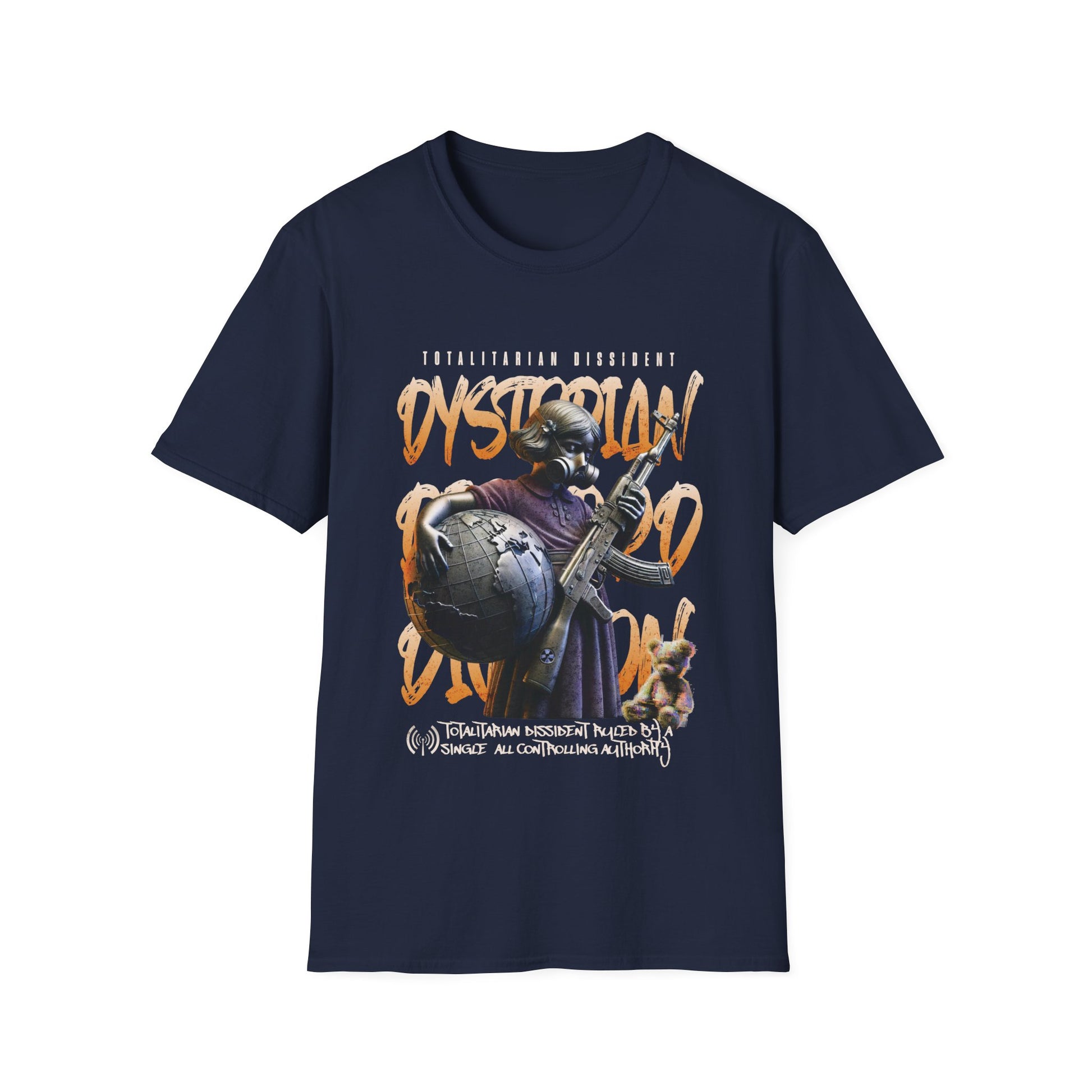 A  navy blue dystopian streetwear tee showing a tactical gas-masked figure against a fractured world map with "Dystopian" and "Totalitarian Dissident" typography in a gritty, industrial aesthetic.