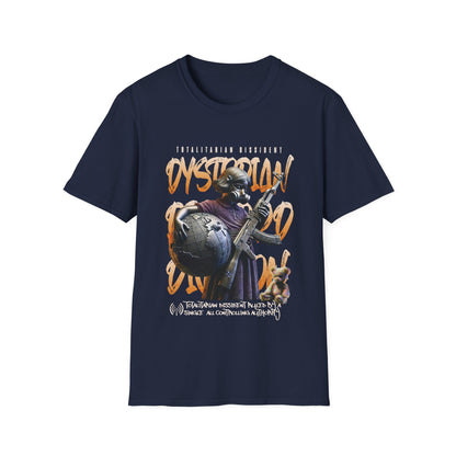 A  navy blue dystopian streetwear tee showing a tactical gas-masked figure against a fractured world map with "Dystopian" and "Totalitarian Dissident" typography in a gritty, industrial aesthetic.
