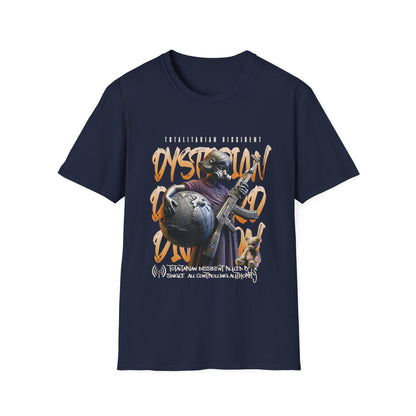 Navy  t-shirt with dystopian graphic design featuring a young girl with the words totalitarian dissident