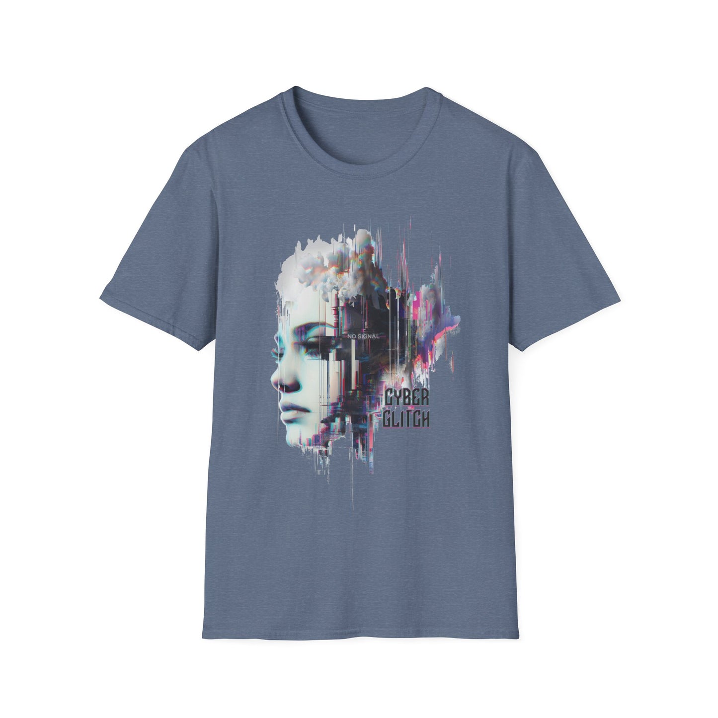 Heather indigo t-shirt with a graphic design featuring a face and 'Cyber Glitch' text on a white background