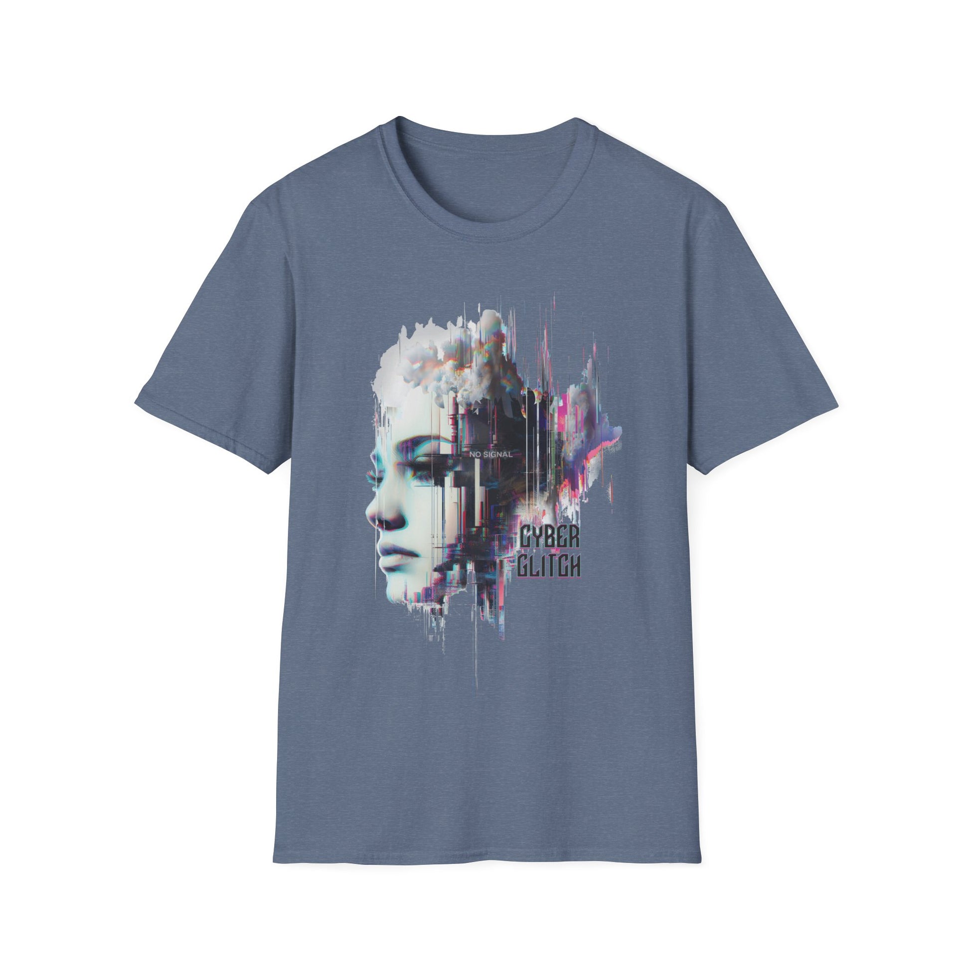 Heather indigo t-shirt with a graphic design featuring a face and 'Cyber Glitch' text on a white background