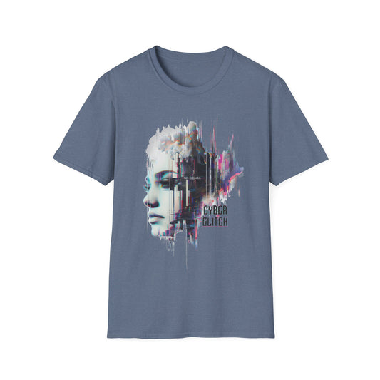 Heather indigo t-shirt with a graphic design featuring a face and 'Cyber Glitch' text on a white background