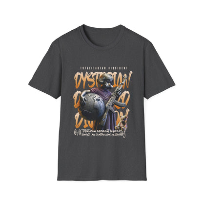 Heather gray t-shirt with dystopian graphic design featuring a young girl with the words totalitarian dissident.