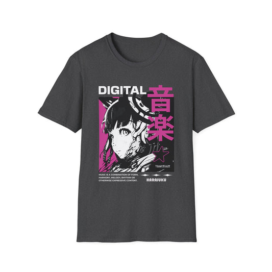 Dark grey t-shirt with a graphic design featuring an anime-style character and text in pink and white.