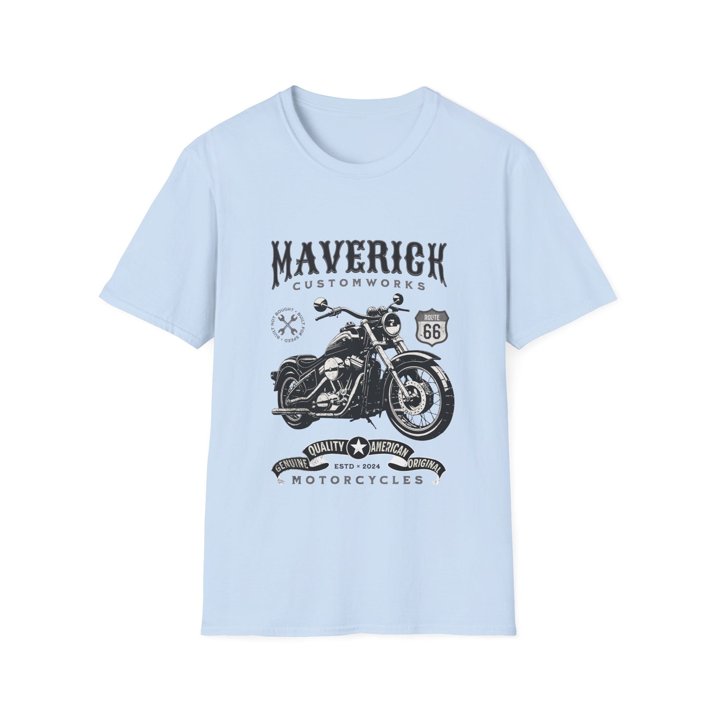Light blue t-shirt with black motorcycle graphic and text on a white background